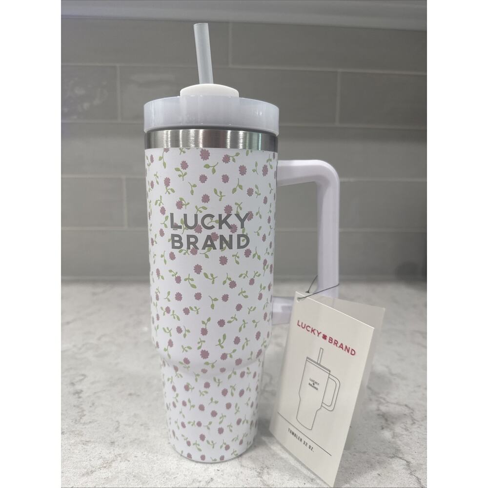 LUCKY BRAND 32oz POSEY BLUSH Floral Stainless Steel Tumbler Cup W Straw & Handle
